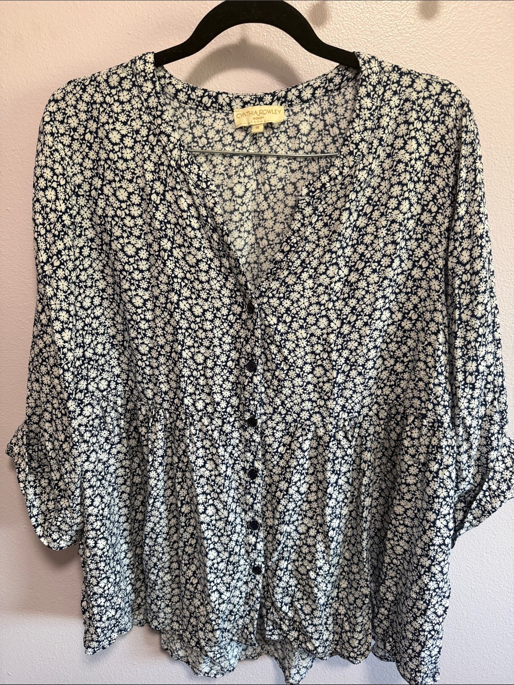Cynthia Rowley Navy and White Floral Button-Front Blouse